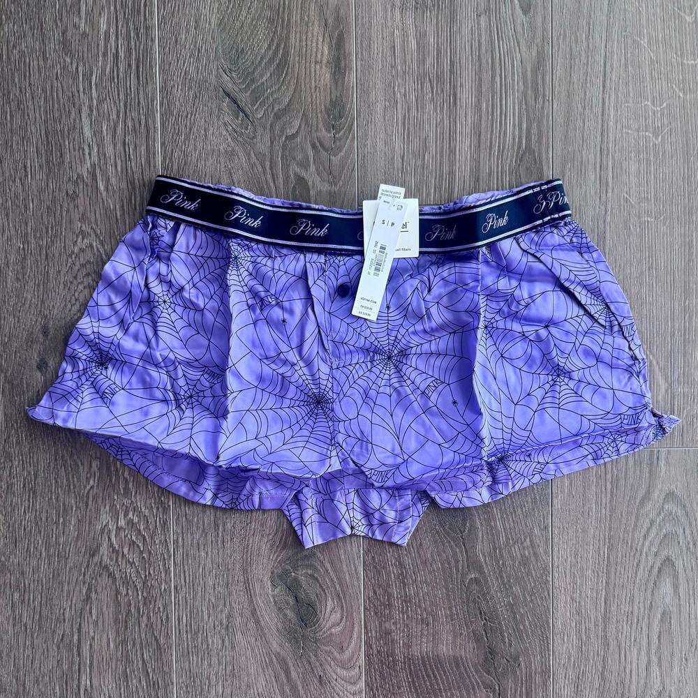 VS PINK 2025 Halloween Boxy Sleep Shorts Tencel Purple Spiderweb Webs Small